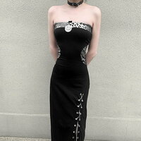 Perfect Vintage Milan Stylish Push Up Bustier Neckline Off Shoulder High Slit Metal Eyelet With Chain Across Trim Detail Vogue Bodycon Maxi Dress - Thumbnail 3