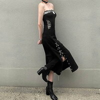 Perfect Vintage Milan Stylish Push Up Bustier Neckline Off Shoulder High Slit Metal Eyelet With Chain Across Trim Detail Vogue Bodycon Maxi Dress - Thumbnail 4