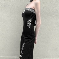 Perfect Vintage Milan Stylish Push Up Bustier Neckline Off Shoulder High Slit Metal Eyelet With Chain Across Trim Detail Vogue Bodycon Maxi Dress - Thumbnail 5