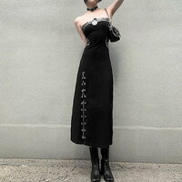 Perfect Vintage Milan Stylish Push Up Bustier Neckline Off Shoulder High Slit Metal Eyelet With Chain Across Trim Detail Vogue Bodycon Maxi Dress - Thumbnail 6