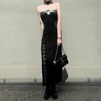 Perfect Vintage Milan Stylish Push Up Bustier Neckline Off Shoulder High Slit Metal Eyelet With Chain Across Trim Detail Vogue Bodycon Maxi Dress - Thumbnail 7
