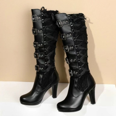  Women's large size high heel studded thick heel boots