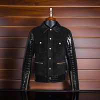 Hand Stitched Black Suede & Crocodile Leather Winter's Fashion Slim Fit Biker Leather Jacket Men Style - Thumbnail 6