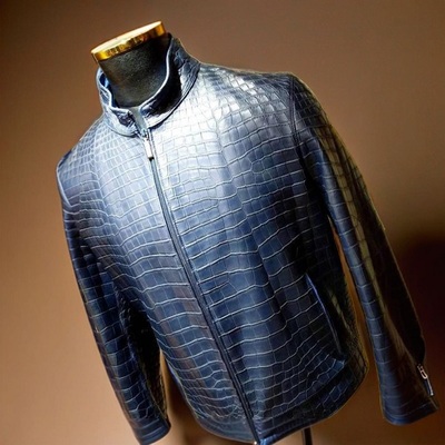 New Handmade Pure Dark Blue Crocodile Textured Leather Winter Fashion Jacket For Men’s