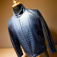 New Handmade Pure Dark Blue Crocodile Textured Leather Winter Fashion Jacket For Men’s - Thumbnail 1