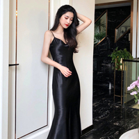 Gorgeous Perfect Vintage Cowl Neckline Fishtail Spaghetti Soft Satin Comfortable Loose Dress - Thumbnail 5