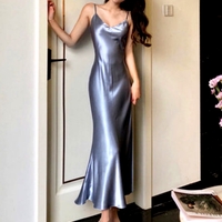 Gorgeous Perfect Vintage Cowl Neckline Fishtail Spaghetti Soft Satin Comfortable Loose Dress - Thumbnail 7