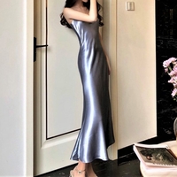 Gorgeous Perfect Vintage Cowl Neckline Fishtail Spaghetti Soft Satin Comfortable Loose Dress - Thumbnail 8