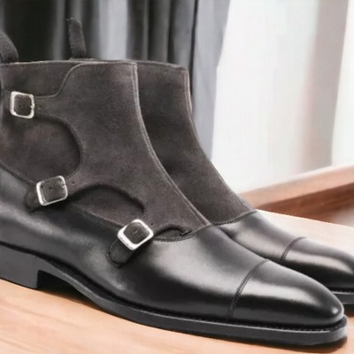 Handmade men's black leather & suede three buckle cap toe ankle boot