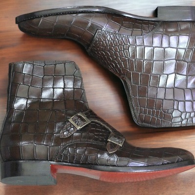 Handpainted men's dark brown alligator leather two buckle boot