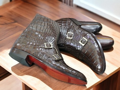 Handpainted Men's Dark Brown Alligator Leather Two Buckle Boot