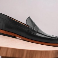 Handmade Men's Black Leather Penny Slip on Loafer Shoes - Thumbnail 1
