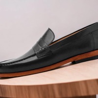 Handmade Men's Black Leather Penny Slip on Loafer Shoes - Thumbnail 1