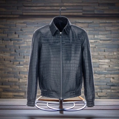 New handmade pure dark blue crocodile textured leather winter fashion jacket men’s