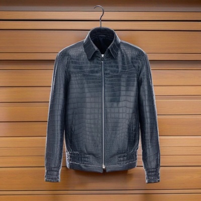 New Handmade Pure Dark Blue Crocodile Textured Leather Winter Fashion Jacket Men’s