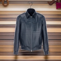 New Handmade Pure Dark Blue Crocodile Textured Leather Winter Fashion Jacket Men’s - Thumbnail 3