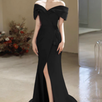 Simple Off Shoulder Satin Mermaid Black Long Prom Dress, Black Long Formal Dress KPP1732 - Thumbnail 1