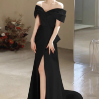 Simple Off Shoulder Satin Mermaid Black Long Prom Dress, Black Long Formal Dress KPP1732 - Thumbnail 3