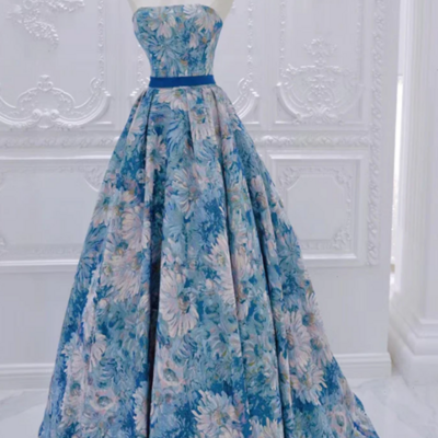 A line flower satin blue long prom dress, blue long formal dress kpp1733