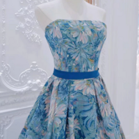 A Line Flower Satin Blue Long Prom Dress, Blue Long Formal Dress KPP1733 - Thumbnail 1