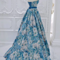 A Line Flower Satin Blue Long Prom Dress, Blue Long Formal Dress KPP1733 - Thumbnail 2