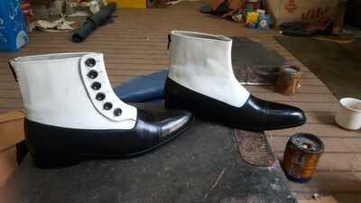 Crafted Leather Men Black Leather and White Suede Button Ankle High Dress Boot