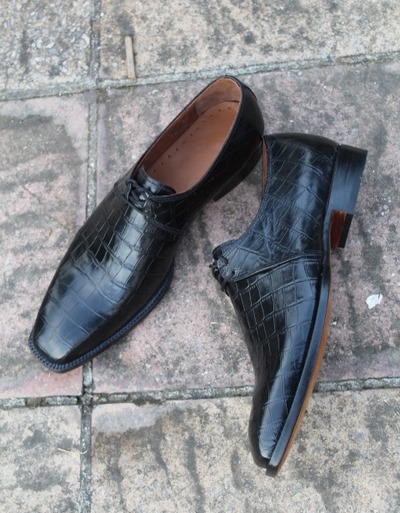 Crafted Leather New Handmade Black Crocodile Texture Leather Alligator Dress Shoes