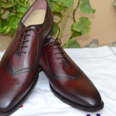 Crafted leather classic burgundy leather wingtip oxford lace up dress shoes - Thumbnail 3