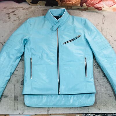 Crafted leather denim genuine lambskin leather motorcycle jacket sky blue