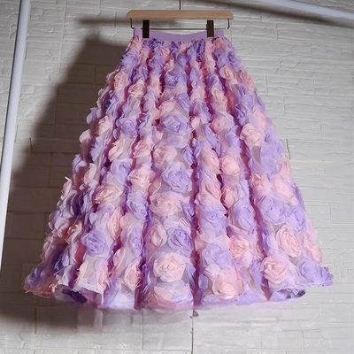 Purple pink flower tulle skirt outfit women a-line polyester ruffle floral skirt romantic custom plus size wedding tulle skirt
