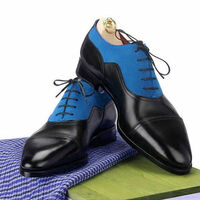Blue Black Oxford Pointed Cap Toe Party Wear Magnificiant Leather Men Shoes - Thumbnail 1