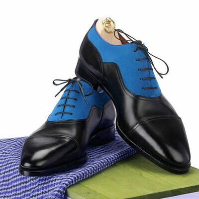 Blue black oxford pointed cap toe party wear magnificiant leather men shoes