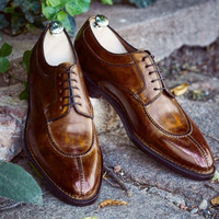 Handmade Cognac Color Leather Lace Up Shoes, Men's Split Toe Formal Dress Shoes - Thumbnail 1