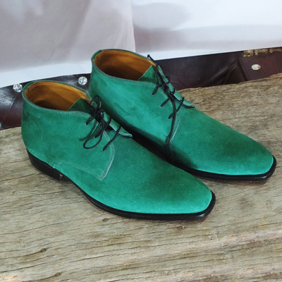 Handmade green color suede boot, men's fashion chukka lace up boot