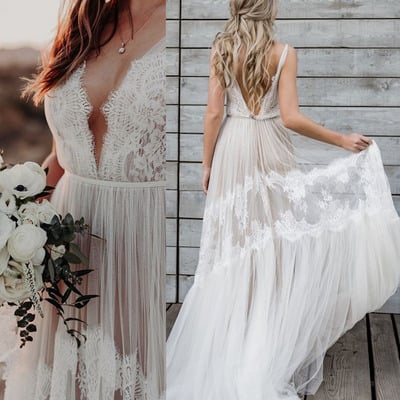 V neck wedding dresses bridal gown beach - Thumbnail 1