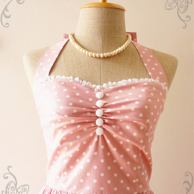 Vintage style dress pink party dress pink polka dot dress party dress pink bridesmaid dress - size xs,s,m,l,xl -