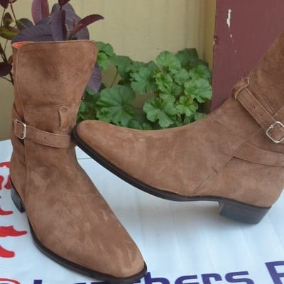 Crafted leather new handmade brown suede leather ankle high cowboy boot 