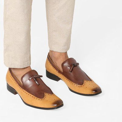 Tan brown burnished brogue wing tip toe men's loafer tassels slips ons shoes