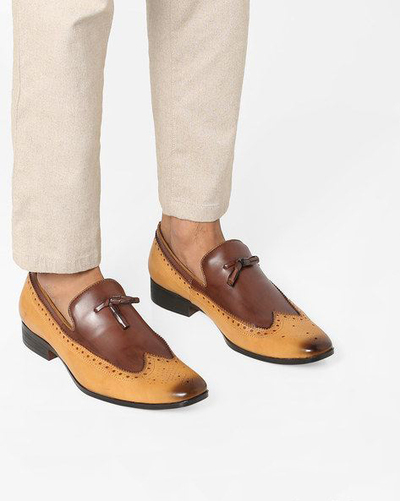 Tan Brown Burnished Brogue Wing Tip Toe Men's Loafer Tassels Slips Ons Shoes