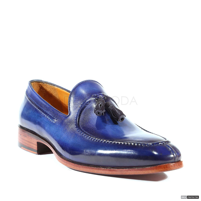 Handmade Men's Tassel Hand-Painted Blue Loafers Shoes