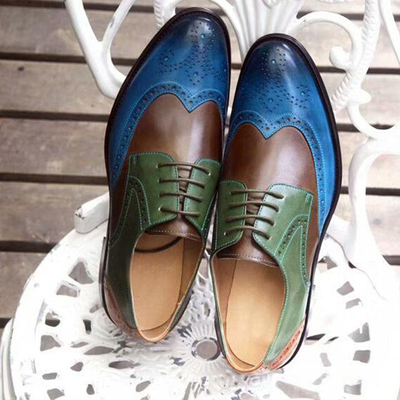 Handmade Green Blue Brown Leather Shoes, Men's Wing Tip Brogue Lace Up Shoes