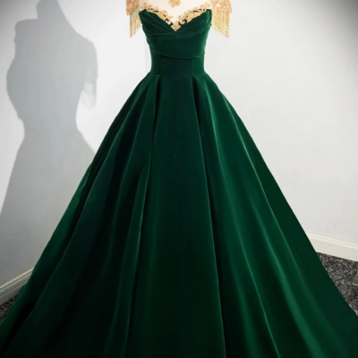 Green velvet beaded long prom dress, a line beautiful evening party dress kpp1736