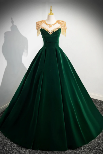 Green Velvet Beaded Long Prom Dress, A Line Beautiful Evening Party Dress KPP1736