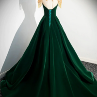 Green Velvet Beaded Long Prom Dress, A Line Beautiful Evening Party Dress KPP1736 - Thumbnail 2