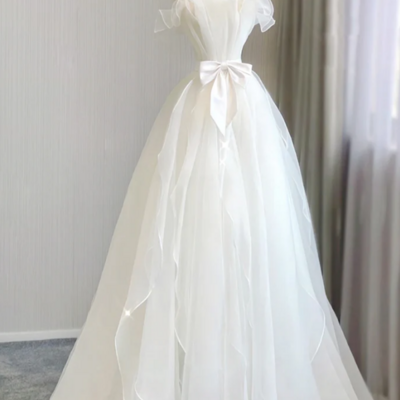 A line organza white long prom dress, white long formal dress kpp1737