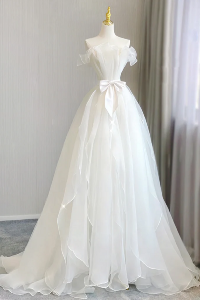 A Line Organza White Long Prom Dress, White Long Formal Dress KPP1737