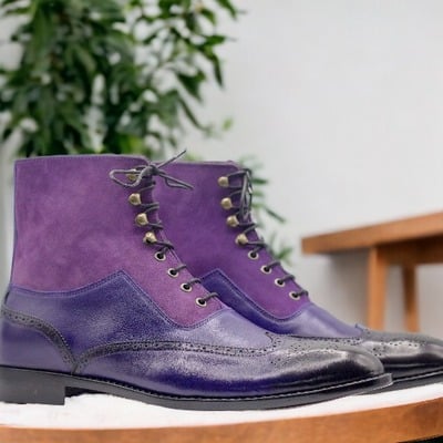 Handmade men's two tone laceup leather & suede wingtip brogue ankle boot