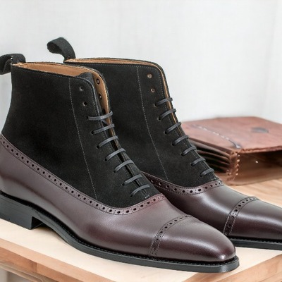 Handmade men's two tone laceup leather & suede quarter ankle boot - Thumbnail 2