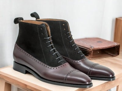 Handmade Men's Two tone Laceup Leather & Suede Quarter Ankle Boot