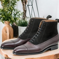 Handmade Men's Two tone Laceup Leather & Suede Quarter Ankle Boot - Thumbnail 1